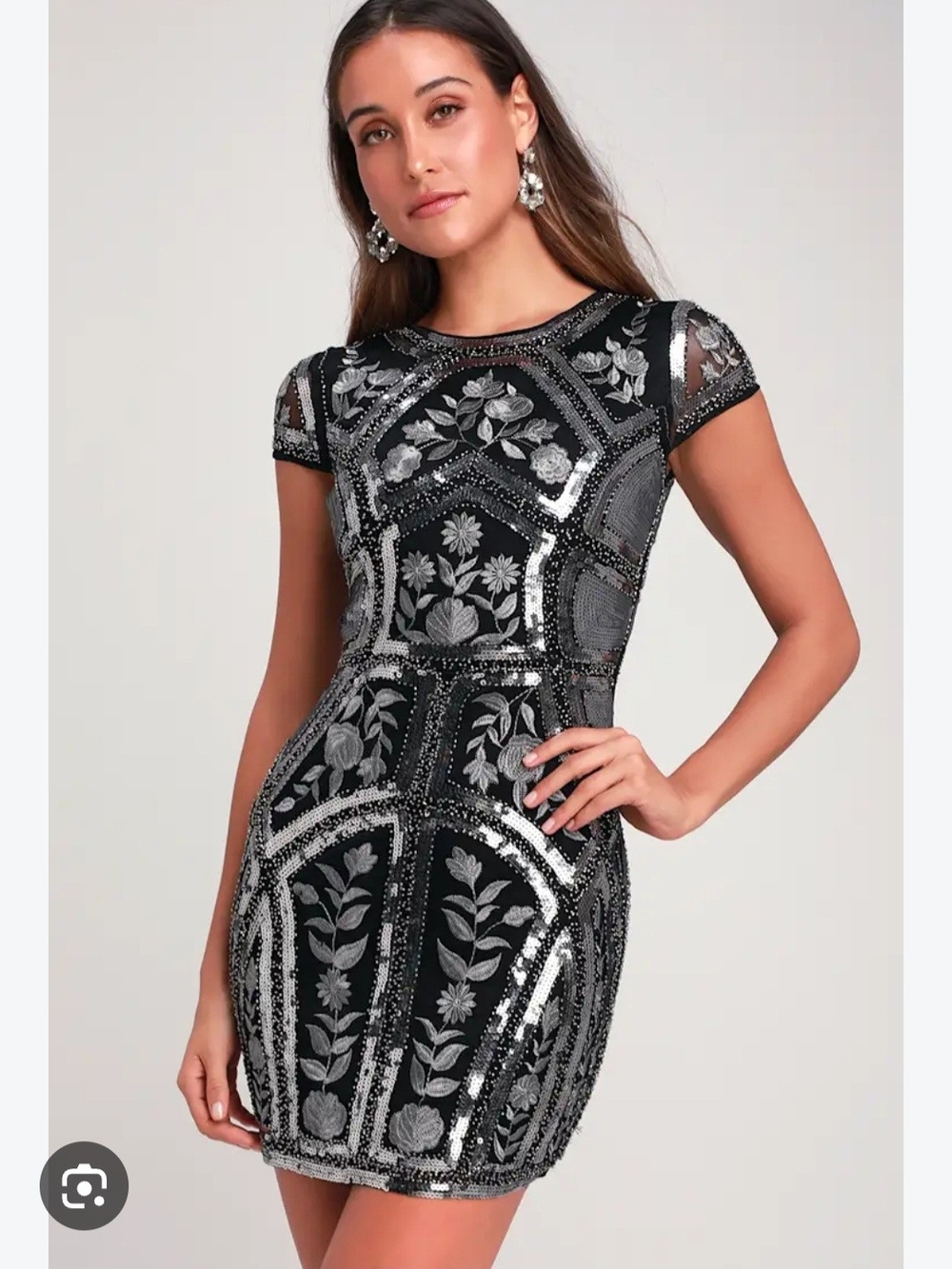 Lulu's Black Dress w/Silver Sequin Floral Embroidery. Sz M Party Evening Holiday